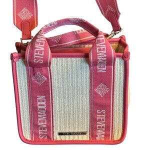 Steven Madden Pink & White Woven Crossbody Bag With Adj Strap & Interior Pockets